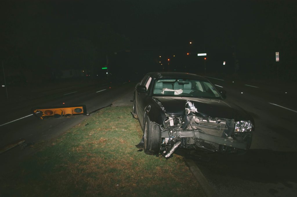 front view of a car accident at night